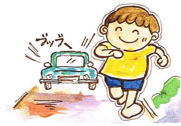 自動車などおかまいなしに駐車場や道路に飛び出して行く。